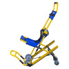 Side view of the evac chair 110 mini narrow aisle evacuation chair showing its yellow frame blue seat and wheels