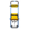 Front view of evac chair 300h mk5 evacuation chair in yellow and blue with safety straps and wheels