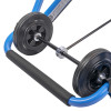 Close up of wheels on evac chair 300h mk5 evacuation chair showing black tyres and blue frame
