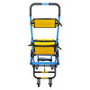 Back view of evac chair 500h mk5 evacuation chair showing blue frame with yellow fabric and wheels