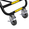 Close up of the rear wheels and frame of the evac chair 500h mk5 evacuation chair with yellow warning labels