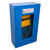 Blue evac chair 300h evacuation chair storage cabinet shown at an angle with the chair visible through a front window