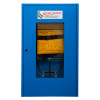 Blue evacuation chair storage cabinet showing front view with folded evac chair 300h secured inside behind glass panel