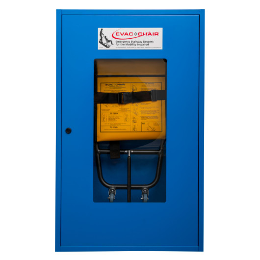 Blue evacuation chair storage cabinet showing front view with folded evac chair 300h secured inside behind glass panel