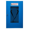Blue evac chair 300h evacuation chair storage cabinet with a visible black strap inside viewed from the front