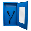 Open blue evac chair 300h evacuation chair storage cabinet with straps inside and door open showing window panel