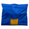 Blue evac chair patient seat carrier folded flat with a yellow label on the front against a white background