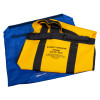Open evac chair patient seat carrier in yellow and black fabric with blue carrying case behind