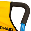 Close-up of the black handle on the 200h carrylite transit chair with yellow fabric and blue frame
