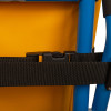 Safety buckle attached to the 200h carrylite transit chair showing black strap and clip on blue frame and yellow fabric