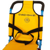 Part of the 200h carrylite transit chair showing the yellow seat fabric with black straps and blue frame