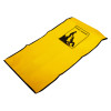 angled view of a bright yellow evac chair evacuation chair dust cover with black trim and logo in the corner