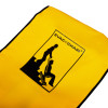 Close up of bright yellow evac chair evacuation chair dust cover with black safety illustration and logo