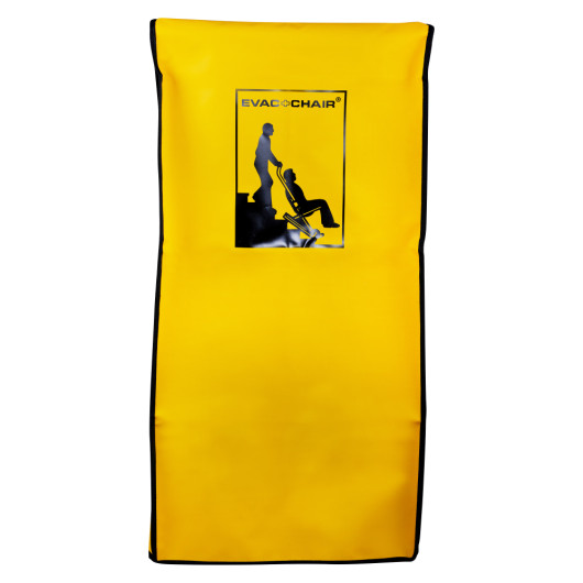 evac chair evacuation chair dust cover in bright yellow with black edging and a printed logo on the front panel