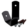 Pair of black evac chair wall hooks with screws and wall plugs shown together on a white background