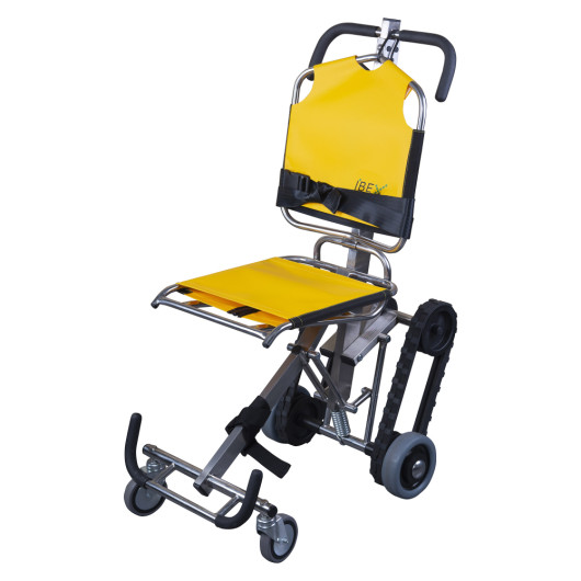 evac chair 700h ibex transeat evacuation chair shown at an angle with yellow seat and metal frame visible