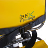 Close up of the IBEX Transeat logo on the yellow fabric of the evac chair 700h ibex transeat evacuation chair with black straps and metal frame