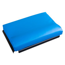 angled view of a blue evac chair comfy seat cushion with a smooth surface and black base visible underneath