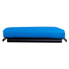 Side view of blue evac chair comfy seat cushion with black base on a white background