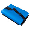 evac chair comfy seat in blue with a black adjustable belt and plastic buckle