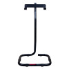 Front view of a black evac chair stand with a curved base and upright support bar