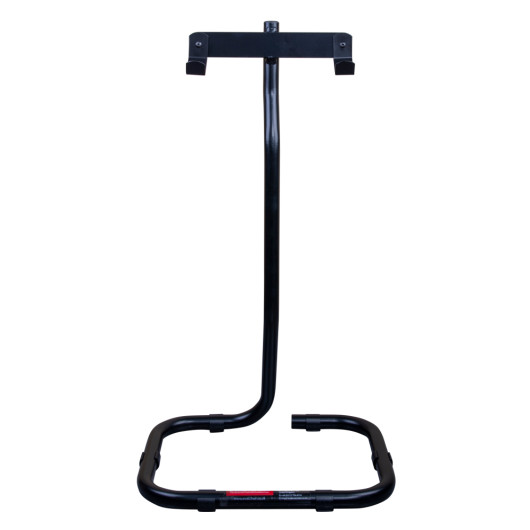 Front view of a black evac chair stand with a curved base and upright support bar