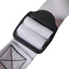 Close up of black buckle on white strap of paraid child carrier harness