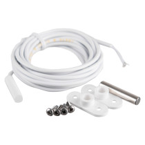 Contents of sigma smart shield external cable reed contacts flush mounted including coiled white cable, metal pin, plastic mounts and screws