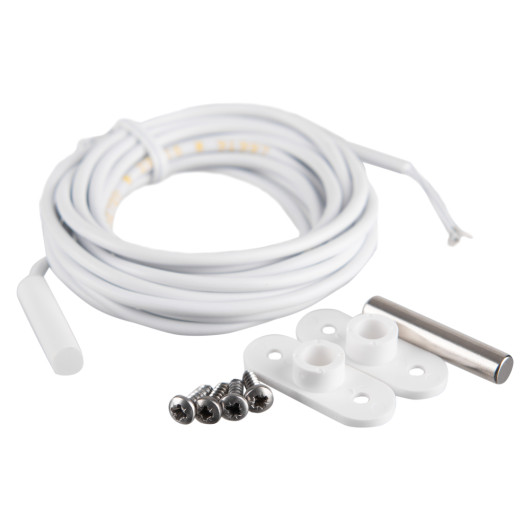 Contents of sigma smart shield external cable reed contacts flush mounted including coiled white cable, metal pin, plastic mounts and screws