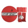 sigma smart shield emergency exit alarm showing a red circular alarm panel with stop emergency use only label and included mounting parts