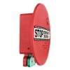 Side view of a red sigma smart shield emergency exit alarm with a STOP emergency use only label visible
