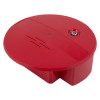 Red smart shield for panic bars shown at an angled view with a rounded shape and lock detail
