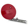 Smart shield for panic bars showing a red round cover with a key and an emergency use only sign attached