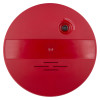 Front view of a red smart shield for panic bars showing a circular shape with vents and a small round component