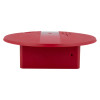 Side view of a red smart shield for panic bars showing the flat circular top and rectangular base section