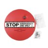 sigma smart shield emergency exit alarm with red circular unit labelled stop emergency use only and two small bags of fittings