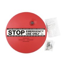 sigma smart shield emergency exit alarm with red circular unit labelled stop emergency use only and two small bags of fittings