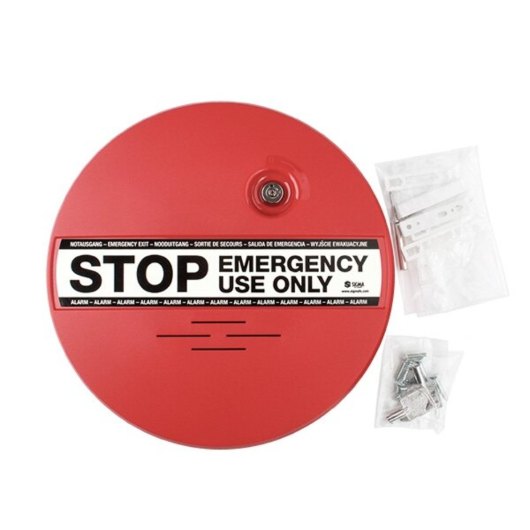 sigma smart shield emergency exit alarm with red circular unit labelled stop emergency use only and two small bags of fittings