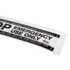 Close-up detail of the sigma smart shield fluorescent stop sticker showing the text emergency use only on a white background