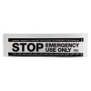 Front view of sigma smart shield fluorescent stop sticker showing the text stop emergency use only in black on white background