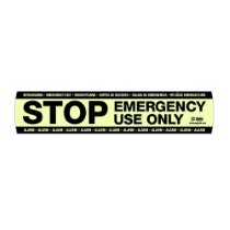 Front view of sigma smart shield stop sticker showing bold STOP emergency use only text with smaller alarm and emergency exit text