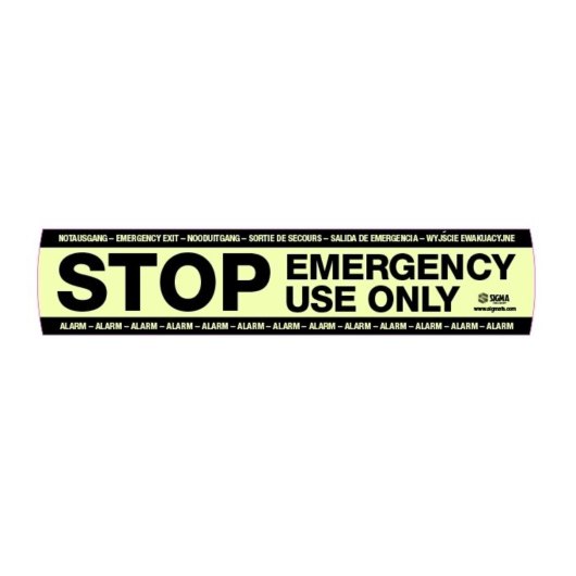 Front view of sigma smart shield stop sticker showing bold STOP emergency use only text with smaller alarm and emergency exit text
