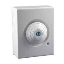 Angled view of a white zerio plus radio sounder showing the circular centre and small indicator light
