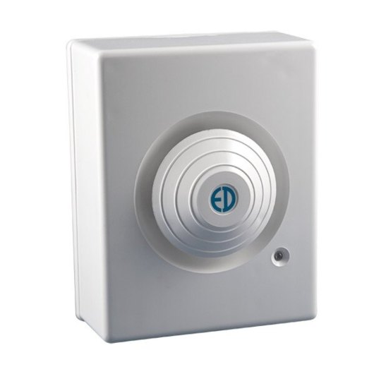 Angled view of a white zerio plus radio sounder showing the circular centre and small indicator light