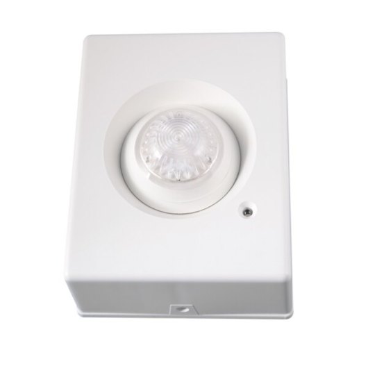 Front view of the zerio plus radio led beacon showing a white rectangular casing with a circular clear light in the centre
