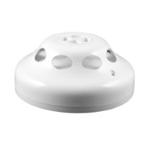 Angled view of a white zerio plus radio heat detector showing round air vents on the sides