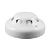 angled view of a white zerio plus radio optical smoke detector showing its circular design and vents