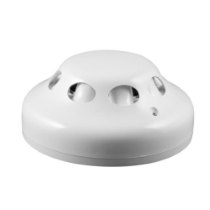 angled view of a white zerio plus radio optical smoke detector showing its circular design and vents