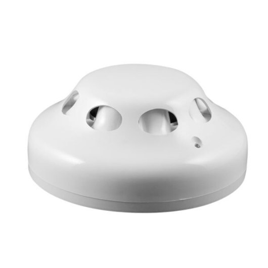 angled view of a white zerio plus radio optical smoke detector showing its circular design and vents