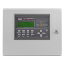 front view of the zerio plus 8 zone control panel showing buttons, display screen, and status indicators